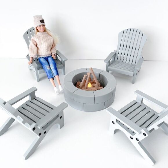 4 Gray Miniature Adirondack Chairs & Round Firepit W/Flickering Logs 1:6 Scale - Picture 7 of 8